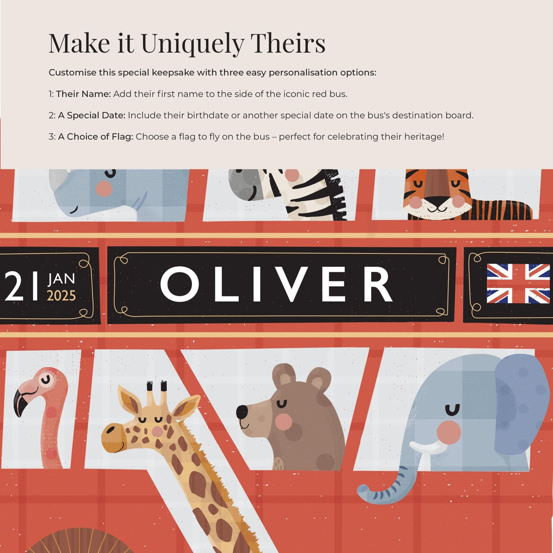 Personalised London Bus Print – Custom Kids Poster | Red Double Decker Bus Wall Art - PaperPaintPixels