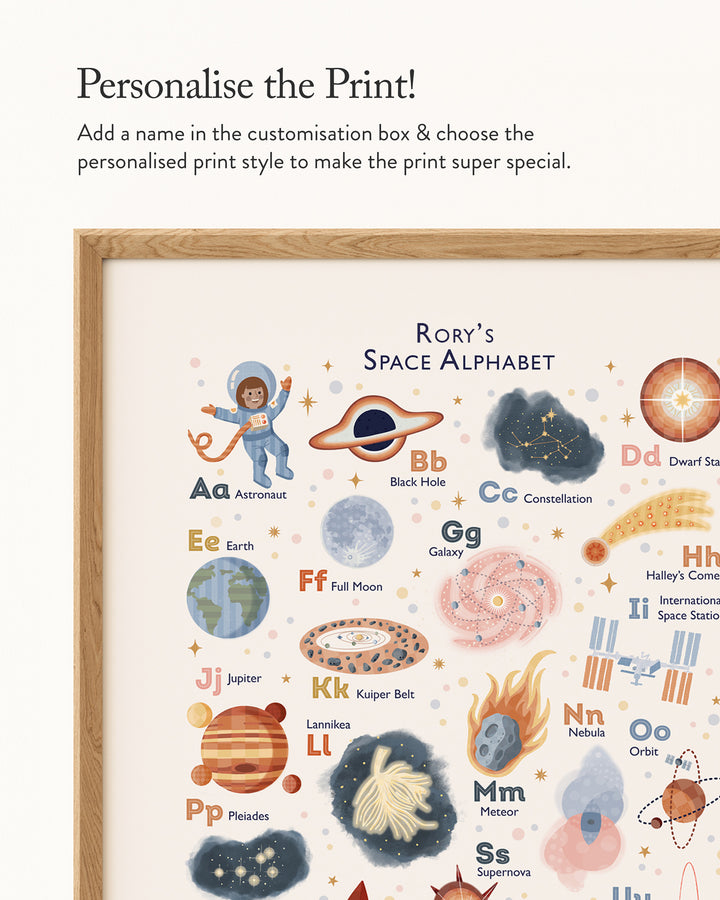 Personalised Space Alphabet Print | Solar System ABC Poster & Nursery Wall Art