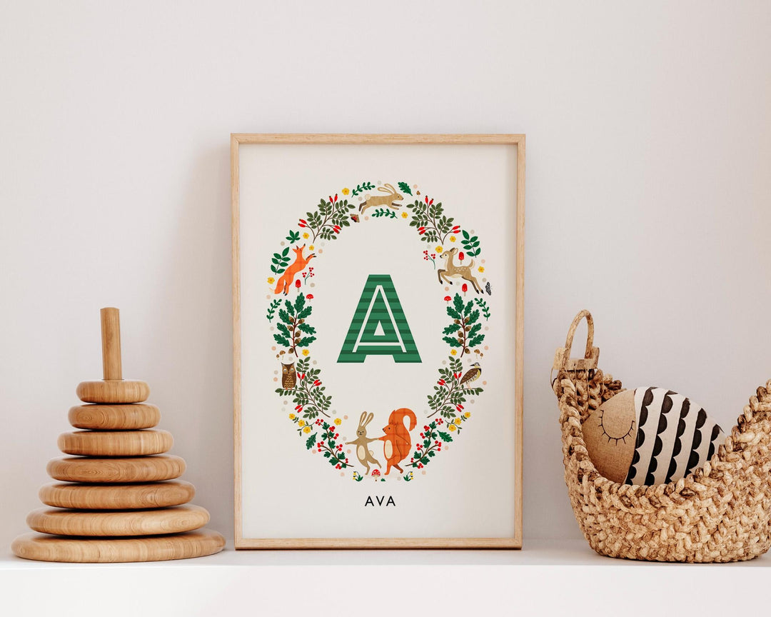 Personalised Woodland Wreath Nursery Print - PaperPaintPixels