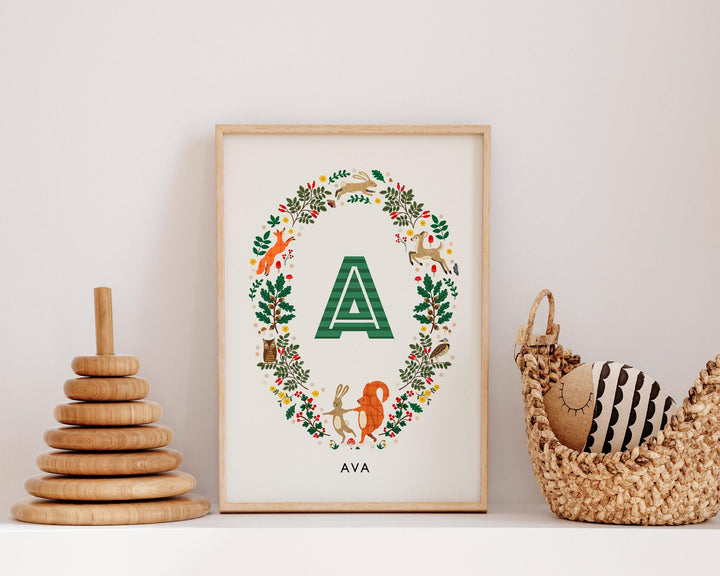 Personalised Woodland Wreath Nursery Print - PaperPaintPixels