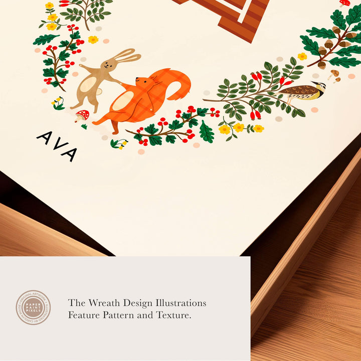 Personalised Woodland Wreath Nursery Print - PaperPaintPixels