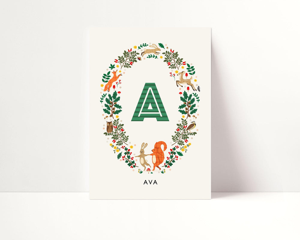 Personalised Woodland Wreath Nursery Print - PaperPaintPixels