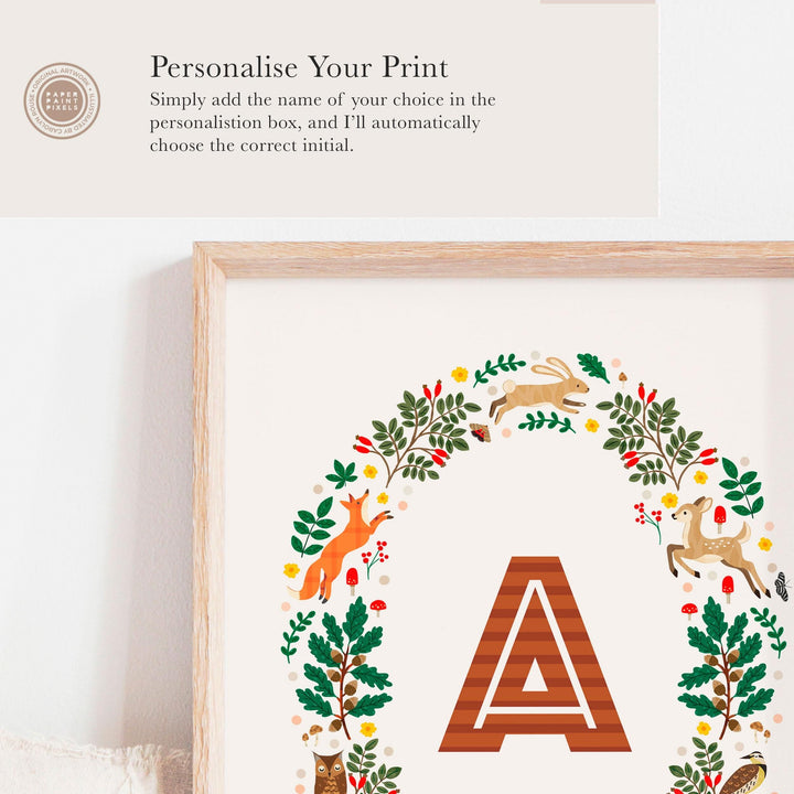 Personalised Woodland Wreath Nursery Print - PaperPaintPixels