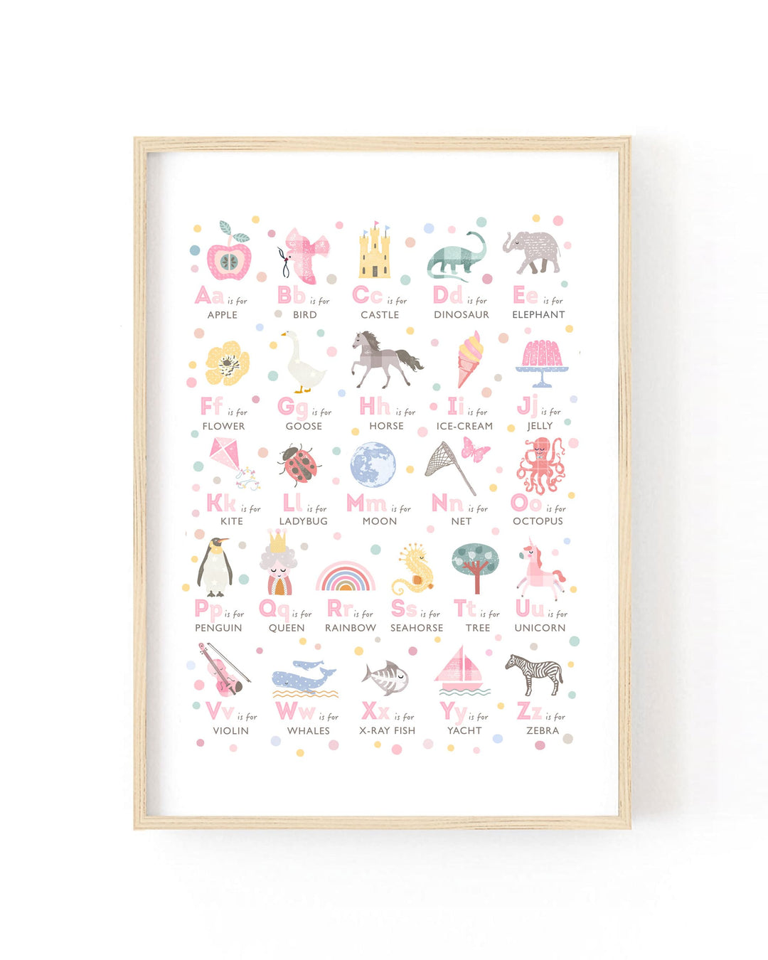 A framed alphabet art print featuring colorful illustrations of letters and words, displayed on a clean white wall.