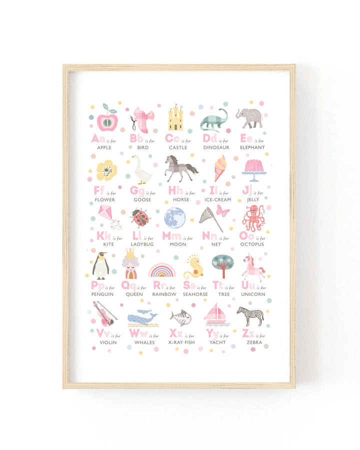 A framed alphabet art print featuring colorful illustrations of letters and words, displayed on a clean white wall.