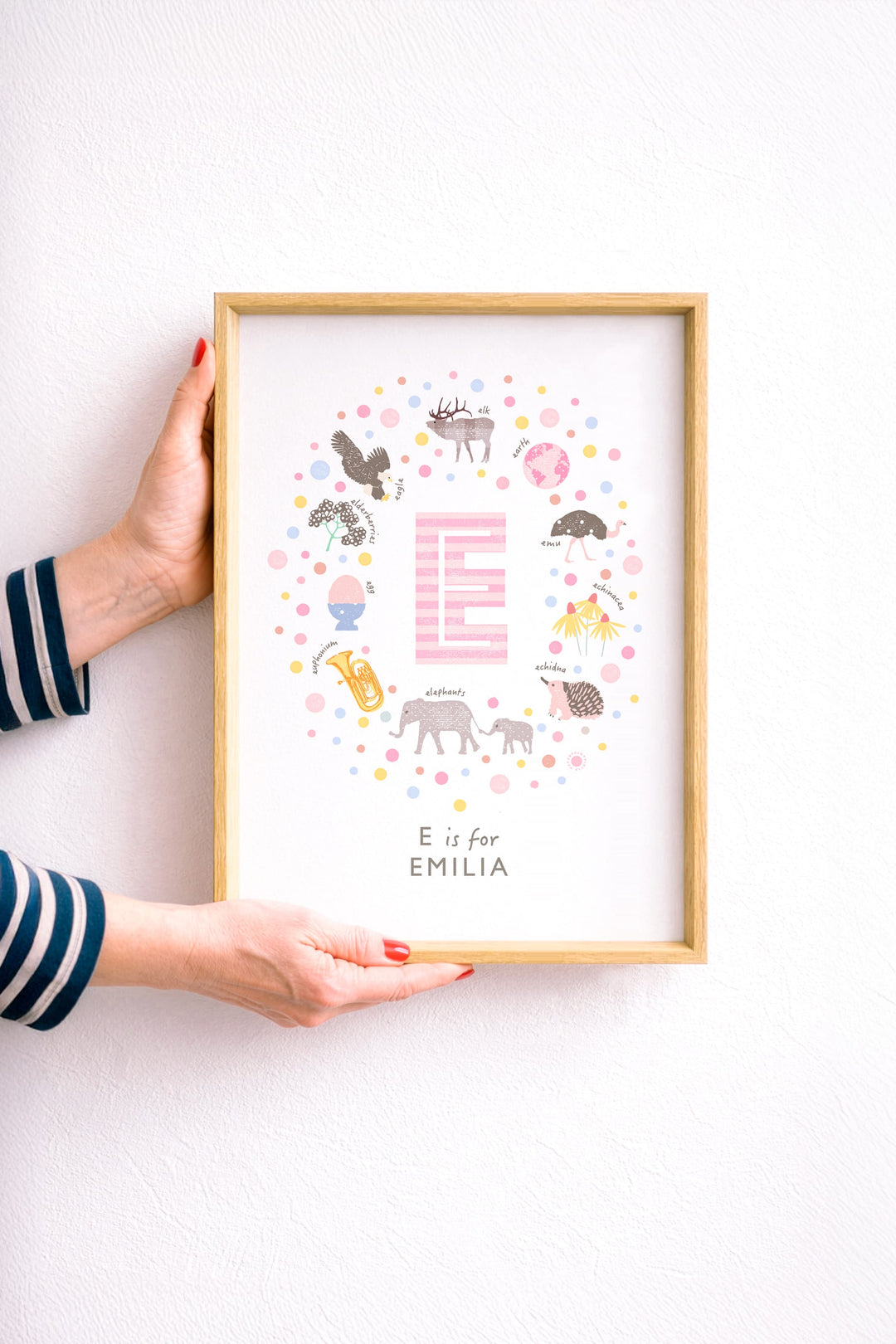 Pink Personalised Initial Letter E Print | Whimsical Nursery Wall Art