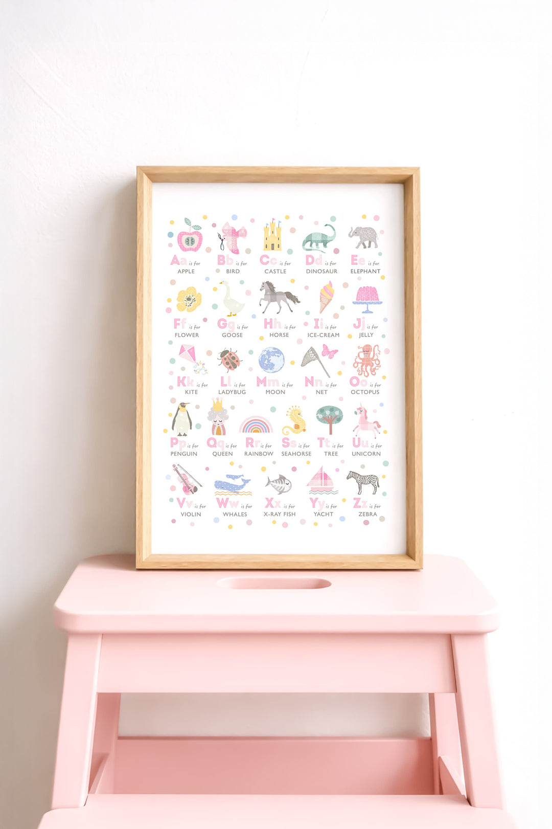 Framed pink girls alphabet poster with illustrations on a pink stool against a white wall