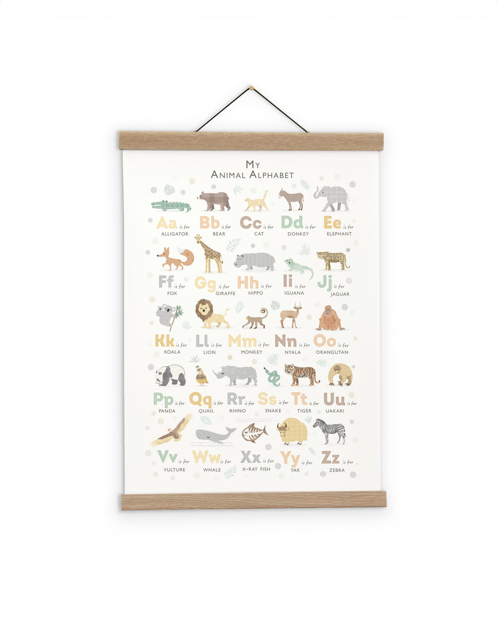 Children's educational poster with animal alphabet on a white background