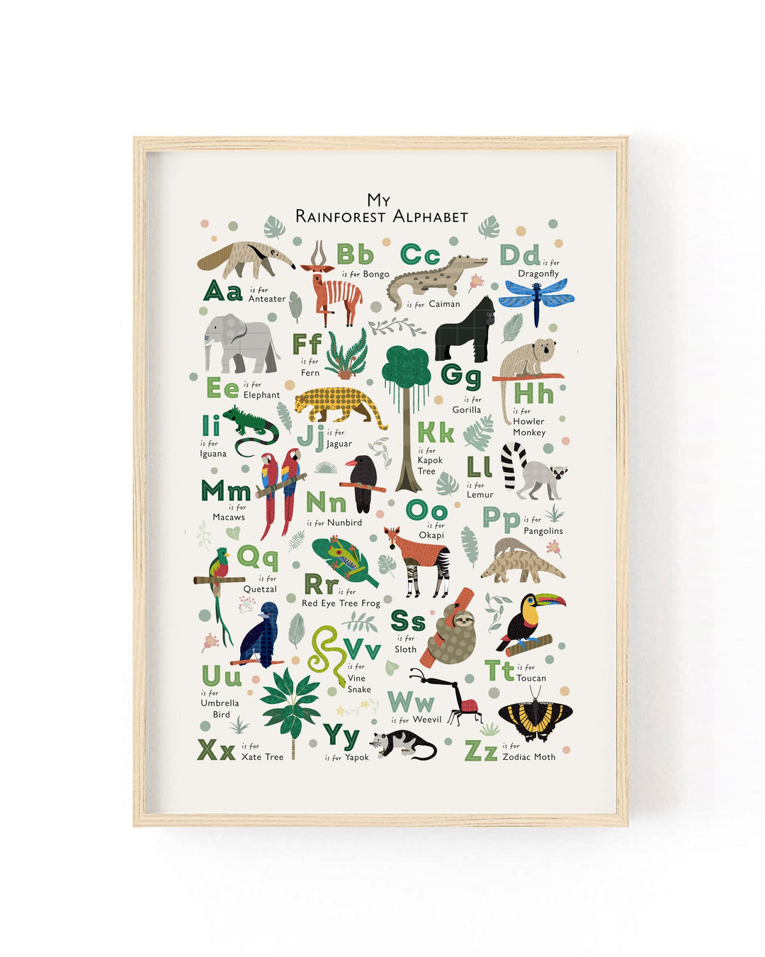 A framed children's alphabet poster titled 'My Rainforest Alphabet' with colorful animal illustrations and letters arranged on an off-white background, shown in a light wood frame against a white wall.