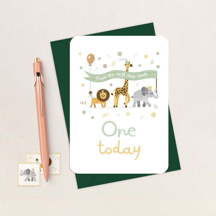 Safari One Today Card, Cute Safari Animals 1st Birthday Card