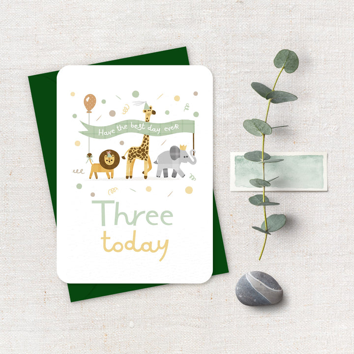 Safari Three Today Card, Cute Safari Animals 3rd Birthday Card