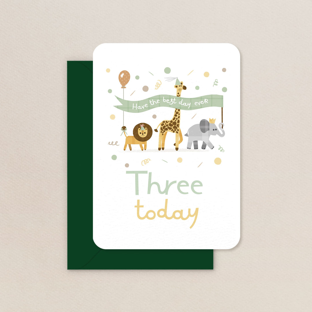 Safari Three Today Card, Cute Safari Animals 3rd Birthday Card