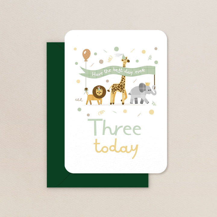 Safari Three Today Card, Cute Safari Animals 3rd Birthday Card
