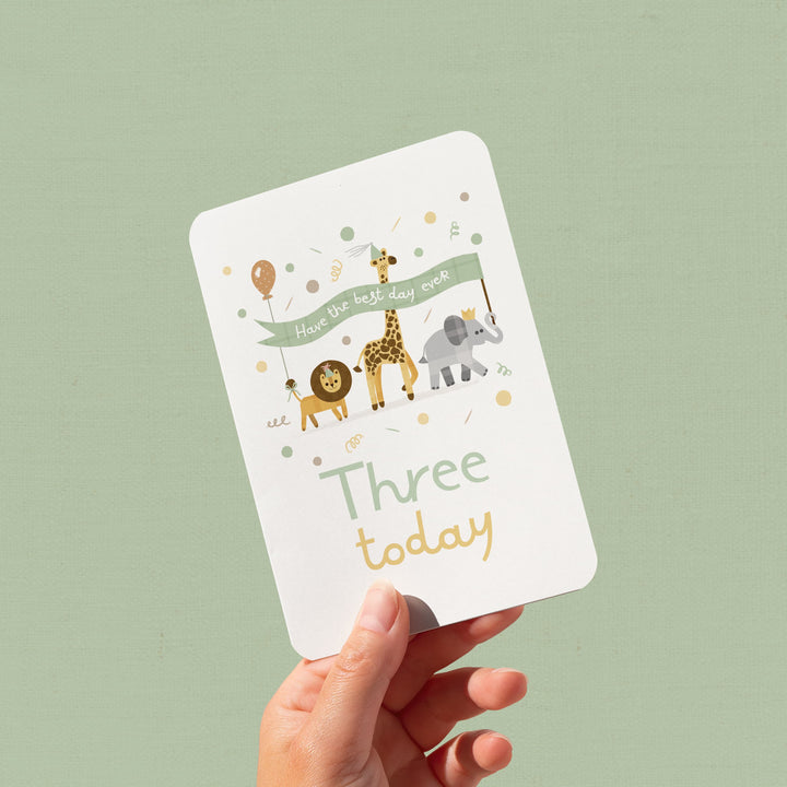 Safari Three Today Card, Cute Safari Animals 3rd Birthday Card