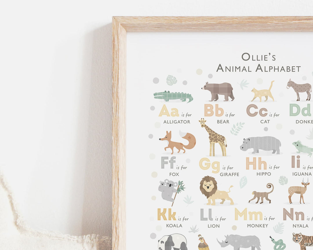 A framed personalized animal alphabet print titled &