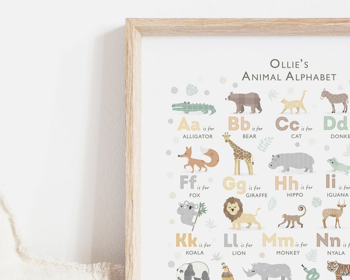 A framed personalized animal alphabet print titled &