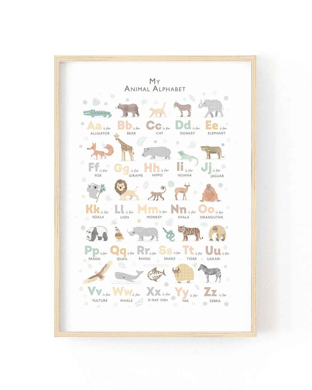 A framed 'My Animal Alphabet' educational poster featuring colorful cartoon animals and letters, displayed in a light wood frame against a white wall.