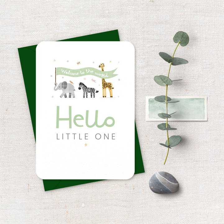 Hello Little One Safari Card, Cute Safari Animals New Baby Card
