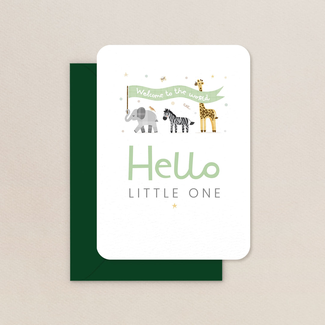 Hello Little One Safari Card, Cute Safari Animals New Baby Card