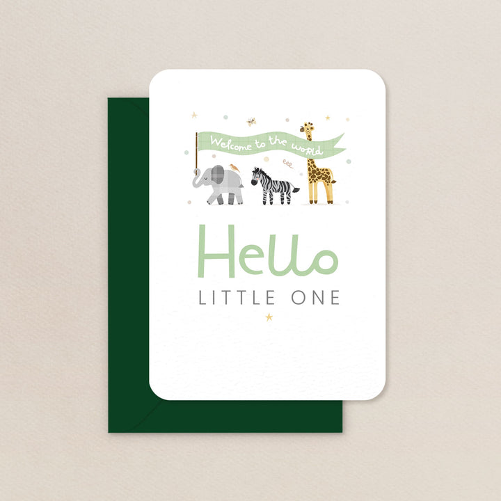 Hello Little One Safari Card, Cute Safari Animals New Baby Card