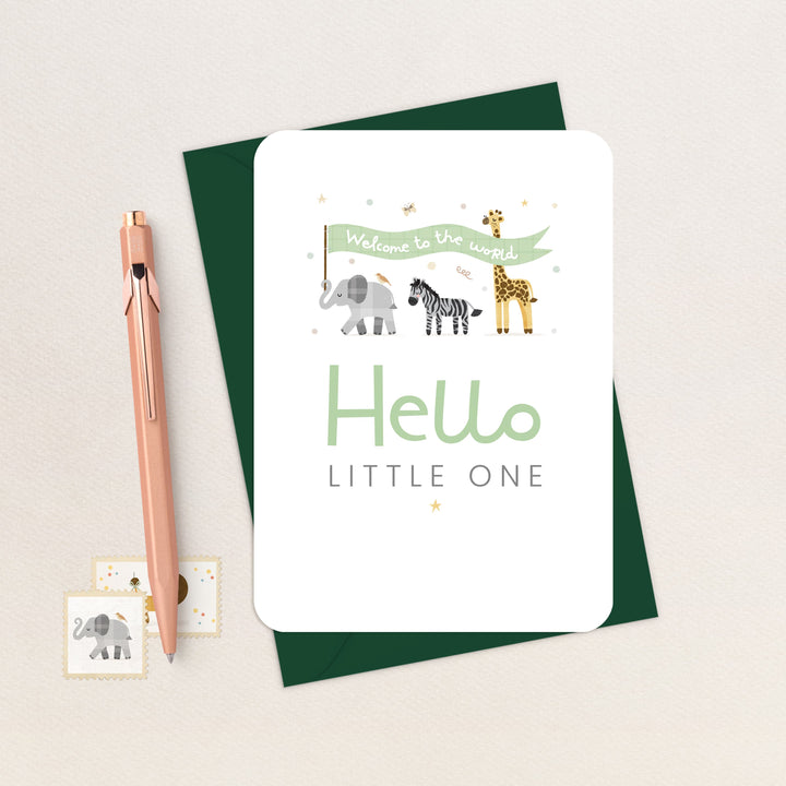Hello Little One Safari Card, Cute Safari Animals New Baby Card