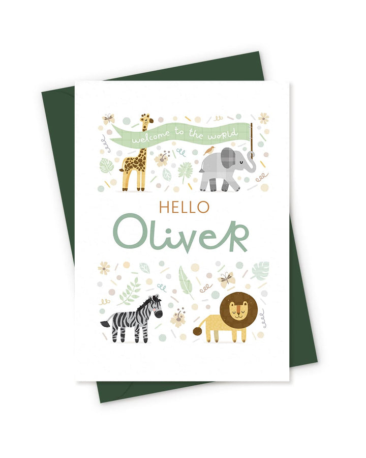 new baby card with cute safari animals and 'Hello Oliver' text on a white background