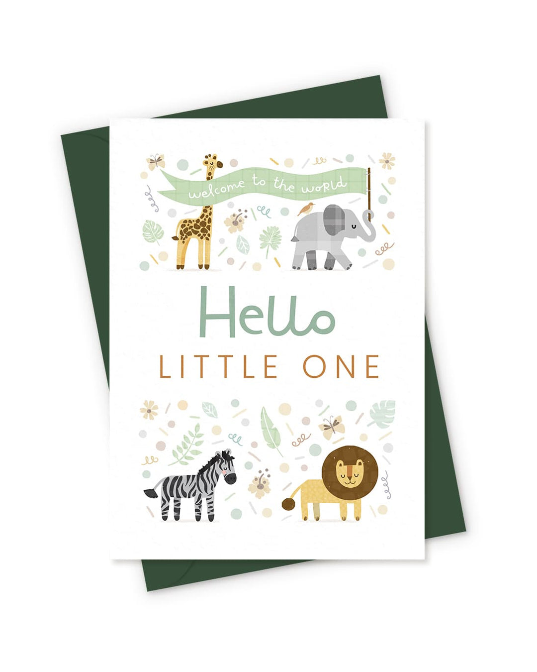 Greeting card with illustrations of animals and text 'Hello little one' on a white background.