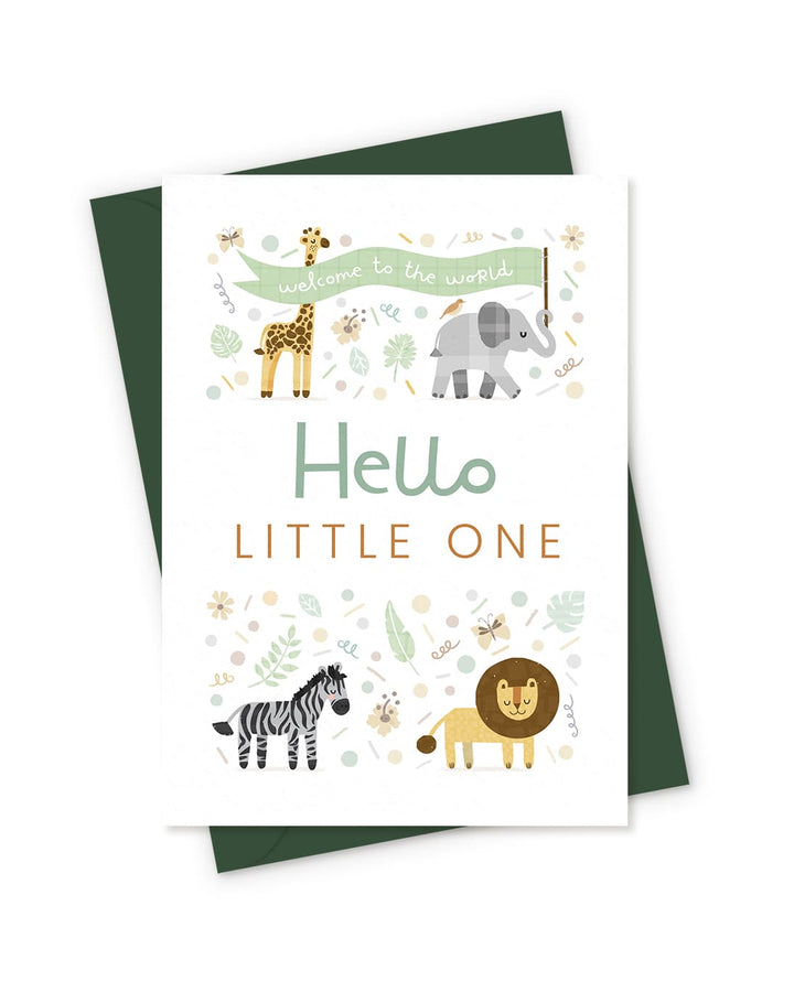 Greeting card with illustrations of animals and text 'Hello little one' on a white background.