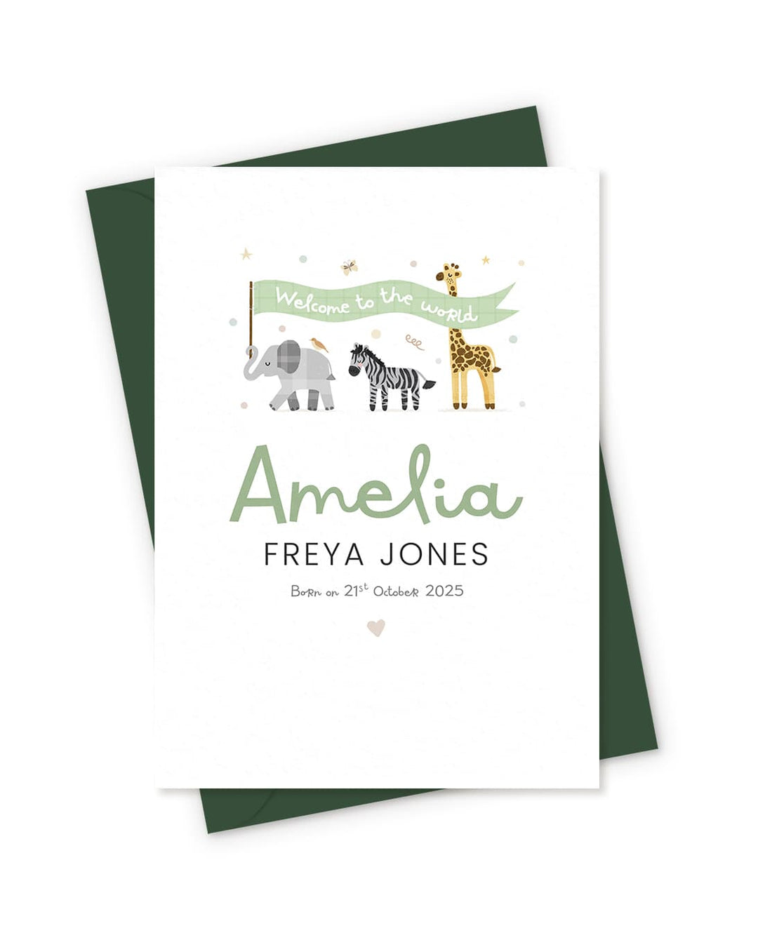 A new baby card with a simple, clean design of a giraffe and zebra, personalised with the name 'Amelia'.
