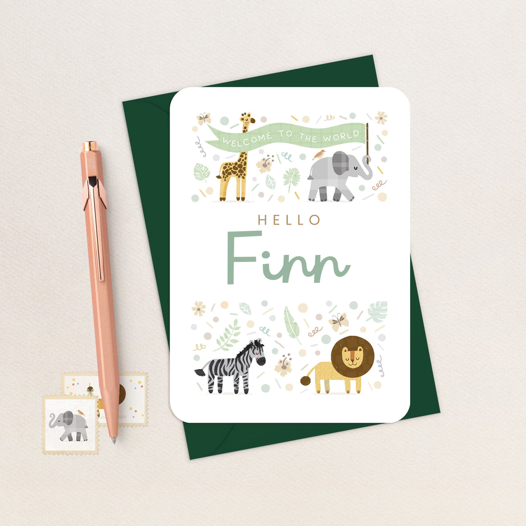 Personalised New Baby Card, Hello Safari Animals Card with Baby’s Name