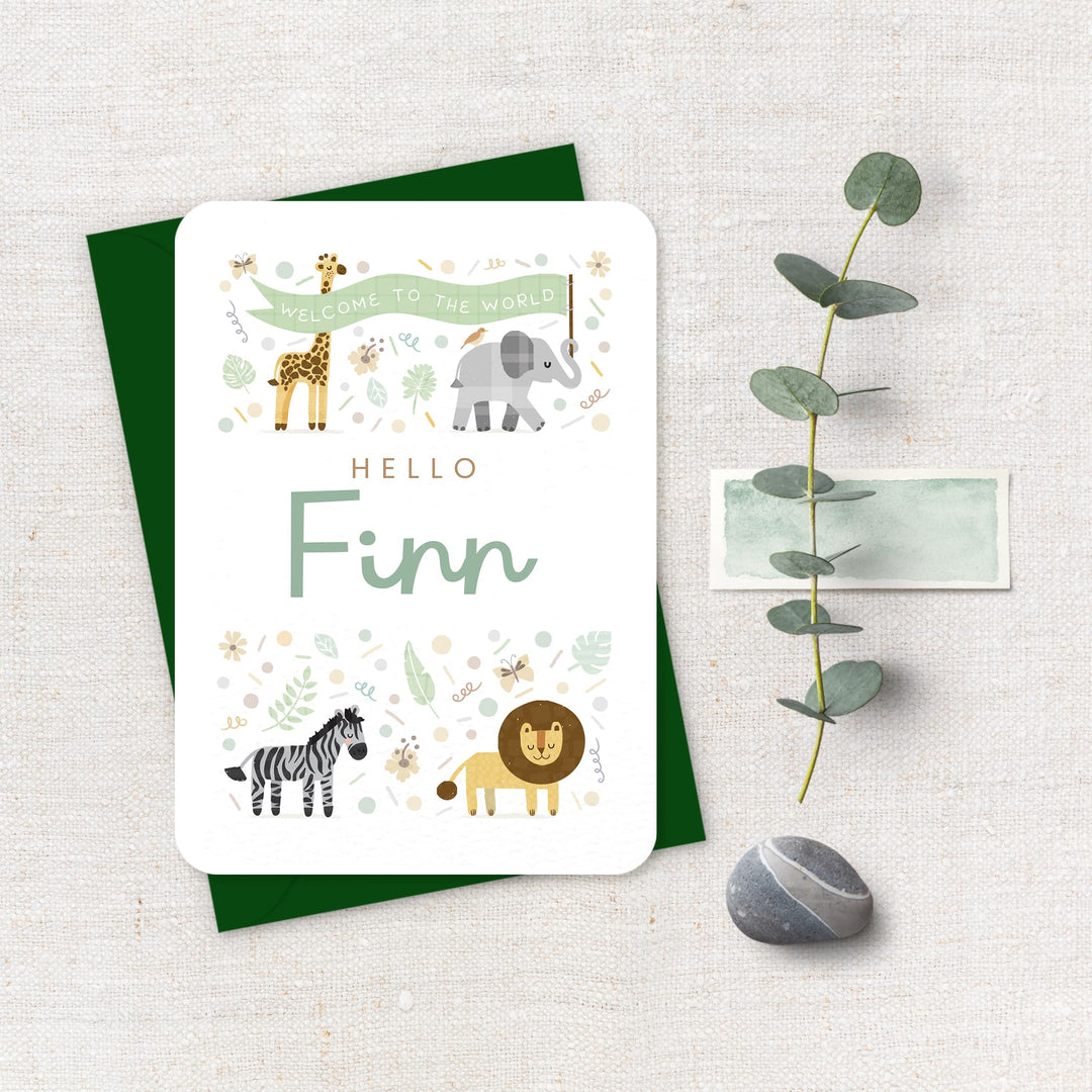 Personalised New Baby Card, Hello Safari Animals Card with Baby’s Name