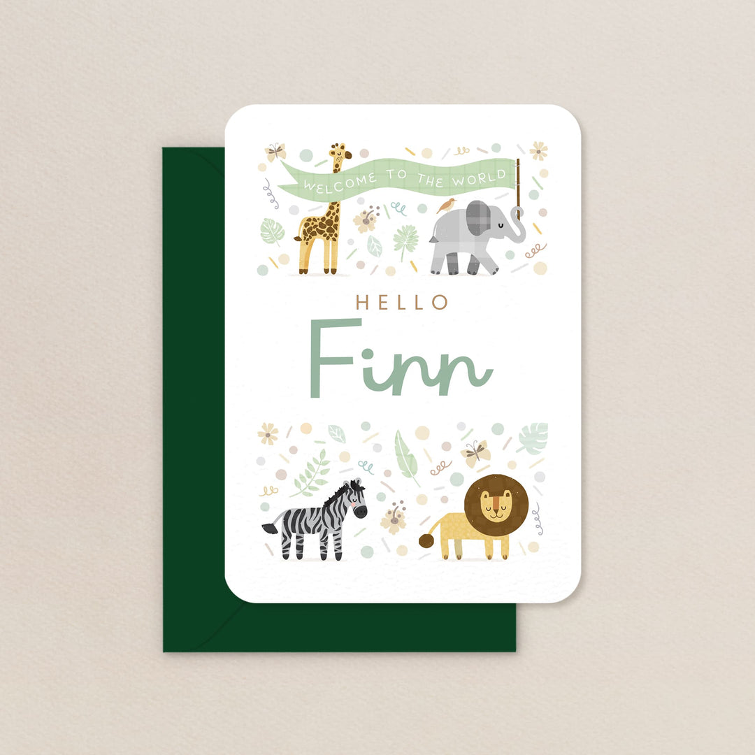 Personalised New Baby Card, Hello Safari Animals Card with Baby’s Name
