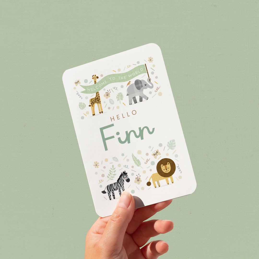 Personalised New Baby Card, Hello Safari Animals Card with Baby’s Name