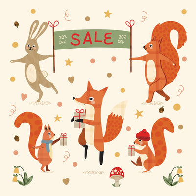 Illustrated woodland animals celebrating a sale. A bunny, fox, and squirrels dance with confetti, holding a banner that reads '20% OFF SALE'. Perfect for promoting seasonal discounts with playful, nature-inspired art on PaperPaintPixels