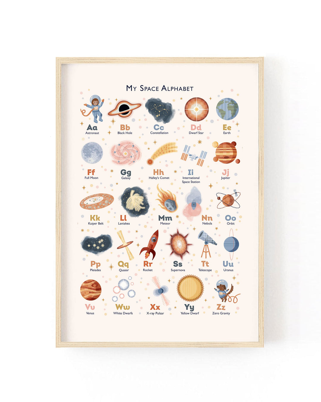 A framed children's educational poster titled 'My Space Alphabet' featuring illustrated letters from A to Z with corresponding space-themed imagery such as planets, stars, rockets, and telescopes on a cream background, shown against a plain white wall.