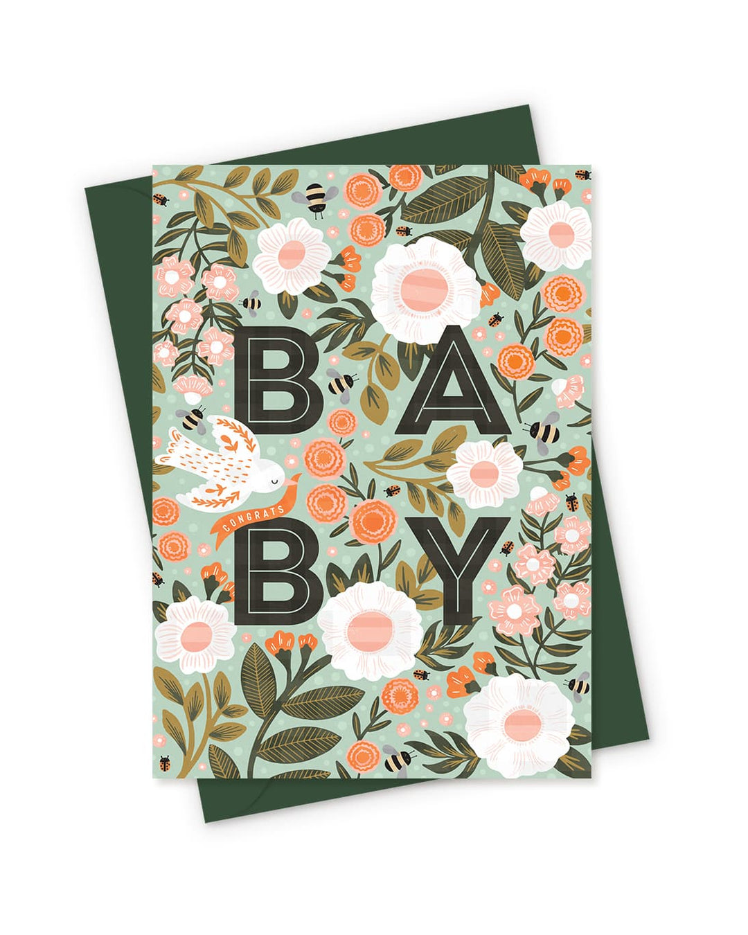 A new baby card with the word 'Baby' in the centre, surrounded by a colourful, all-over pattern of illustrated flowers.