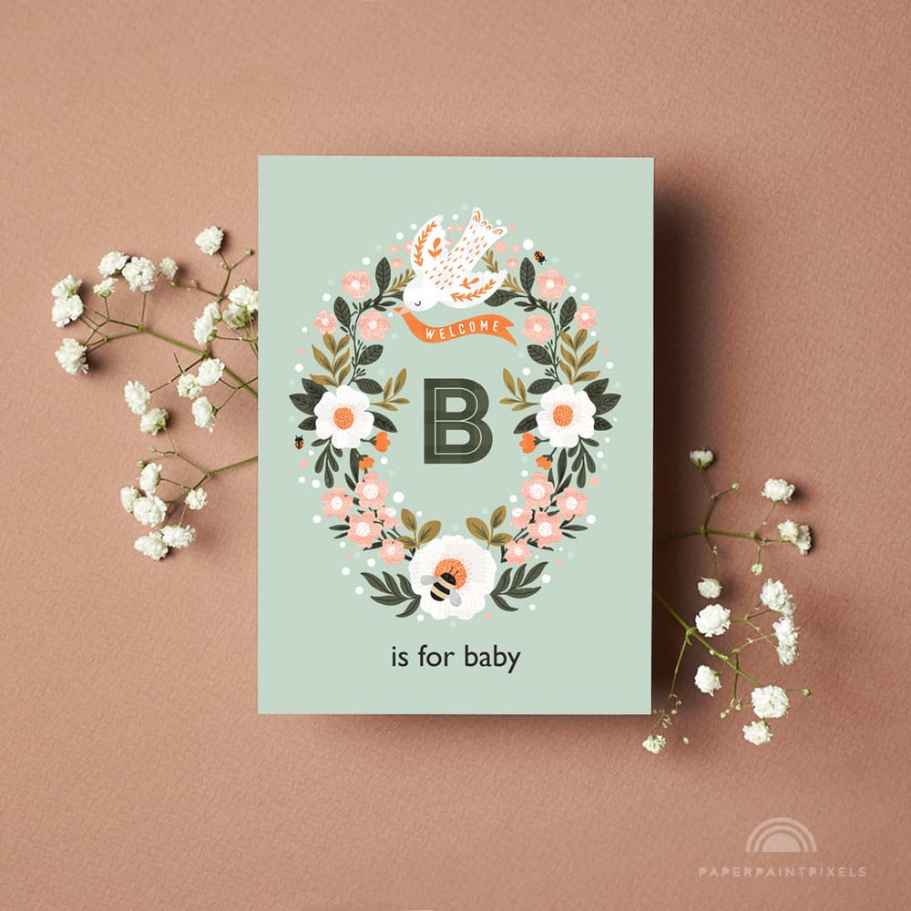 The 'B is for Baby' Floral Wreath Card - PaperPaintPixels