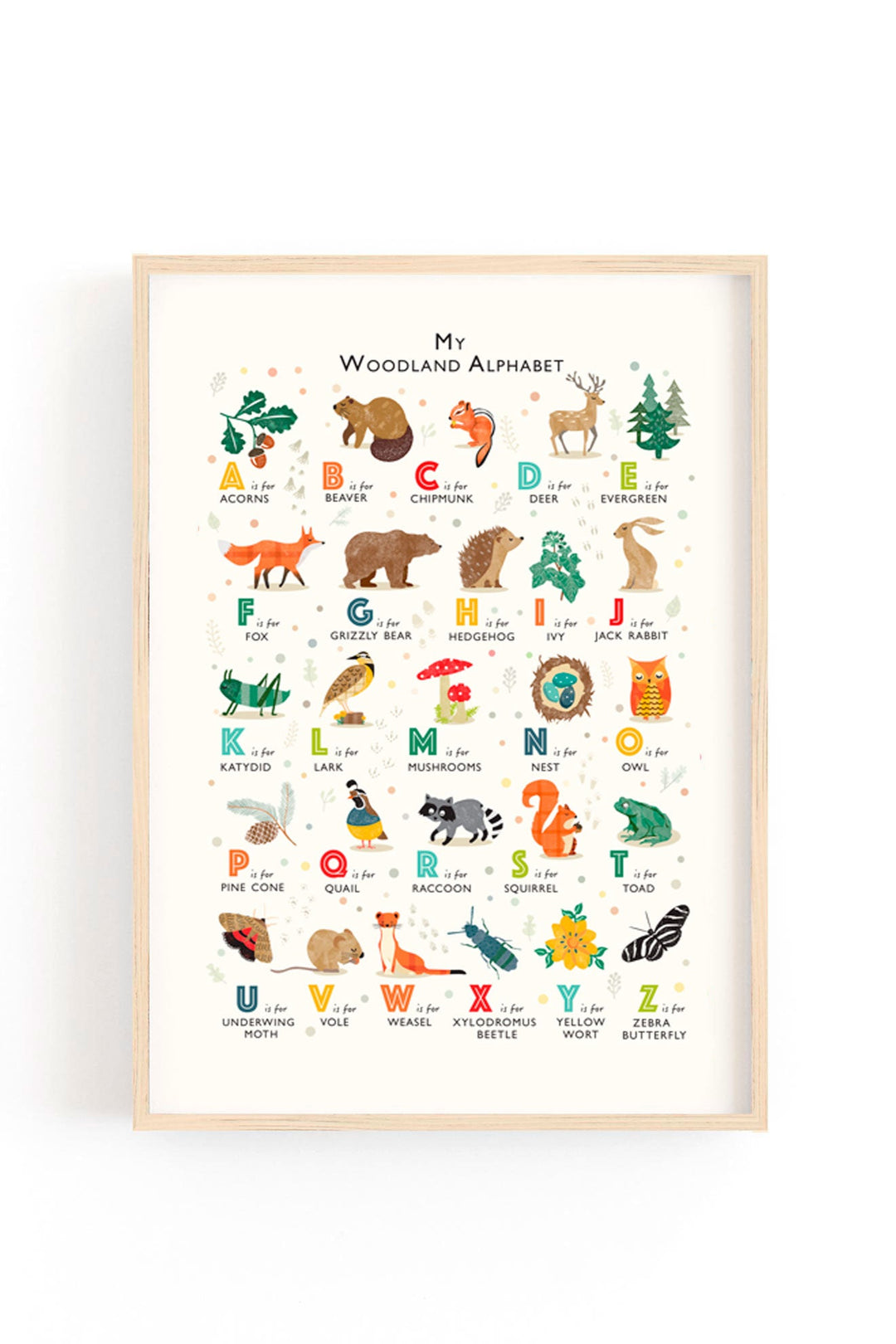 A framed print of 'The Whispering Oak Alphabet' showing beautifully illustrated woodland animals like a fox, badger, and owl for each letter of the A-Z, styled for a child's nursery.