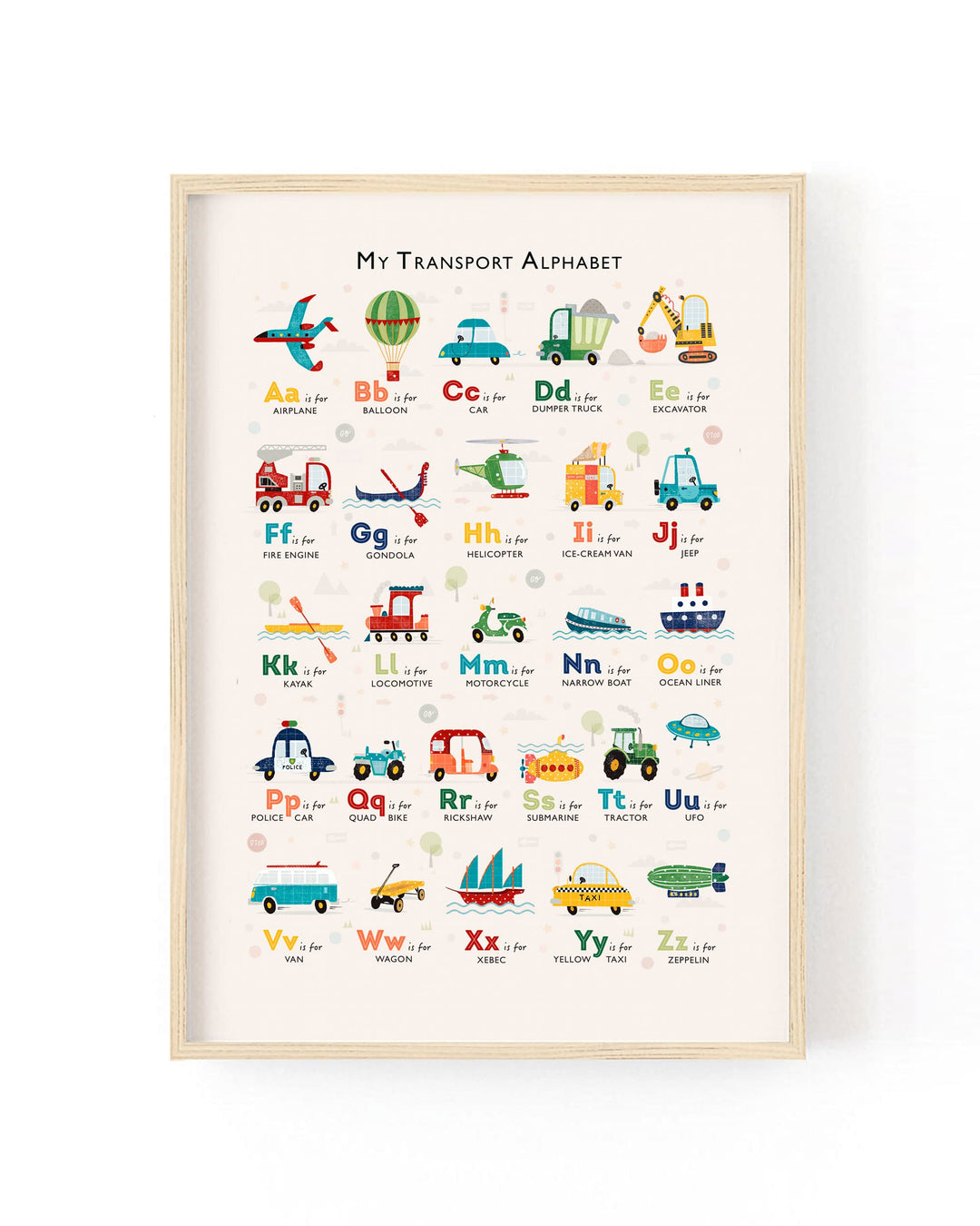 A framed children's alphabet poster titled 'My Transport Alphabet' featuring colorful illustrated vehicles paired with alphabet letters on a cream background, shown hanging against a white wall.