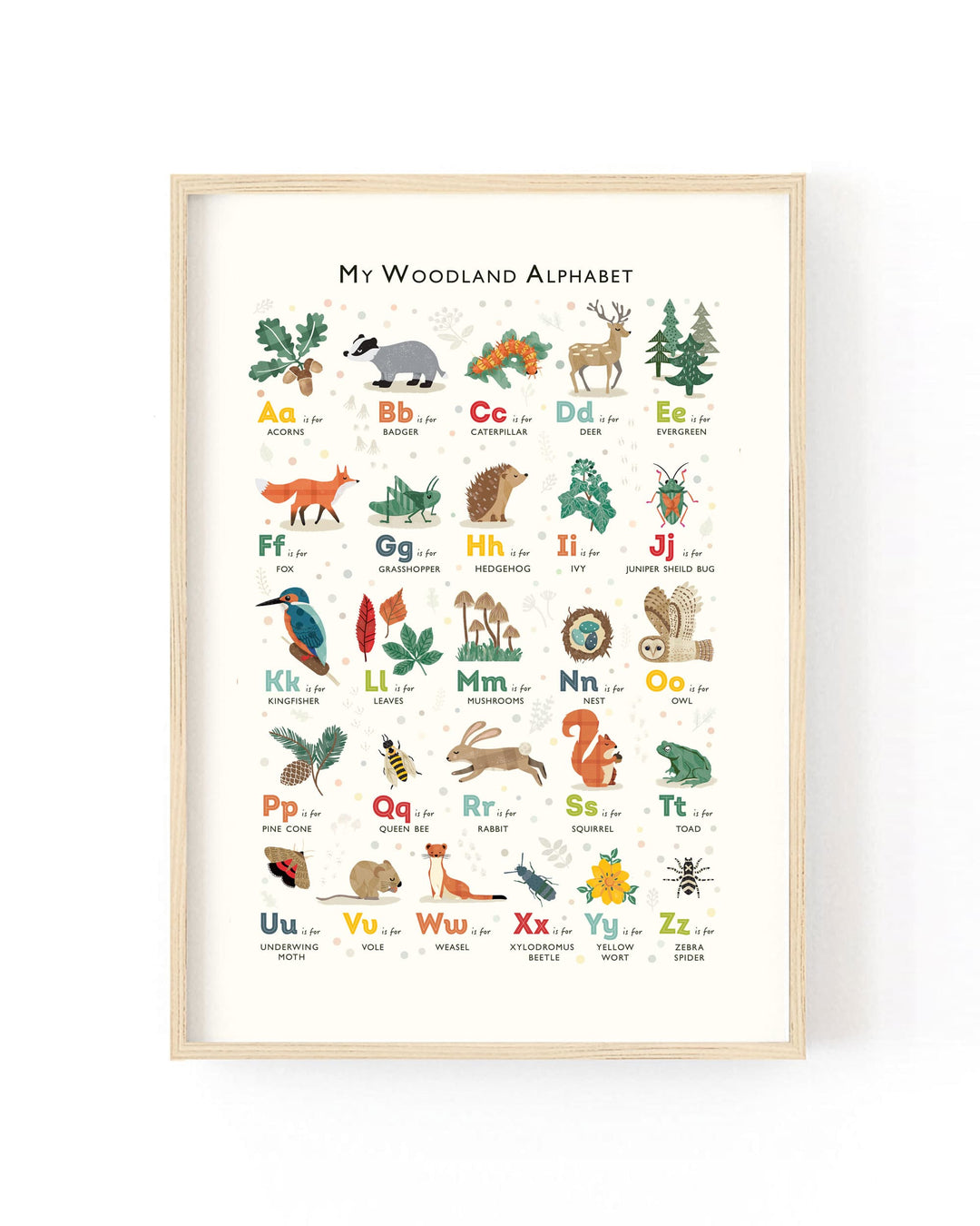 A framed children's alphabet poster titled 'My Woodland Alphabet' featuring illustrated woodland animals and letters on a cream background, shown in a light wood frame against a white wall.