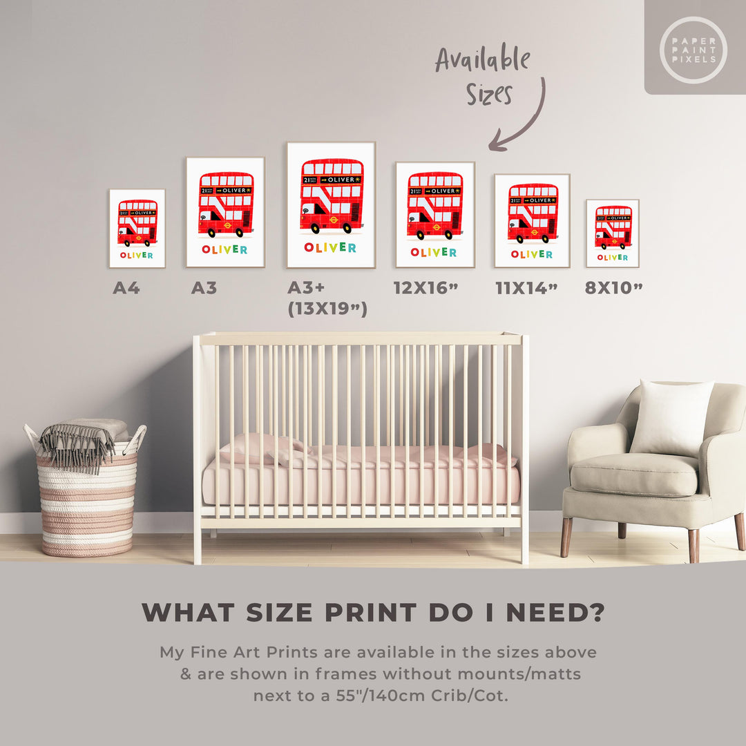 Personalised Nursery London Bus Print - Just add your name and date! - PaperPaintPixels