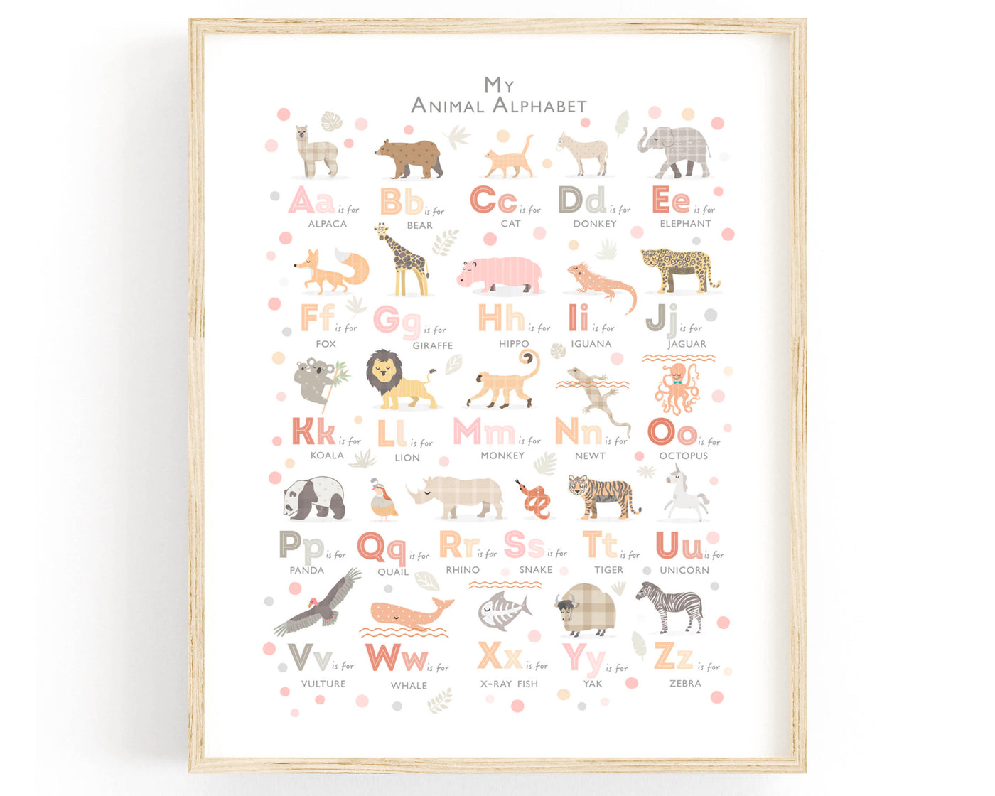 Peach Pink Animal Alphabet Print - PaperPaintPixels