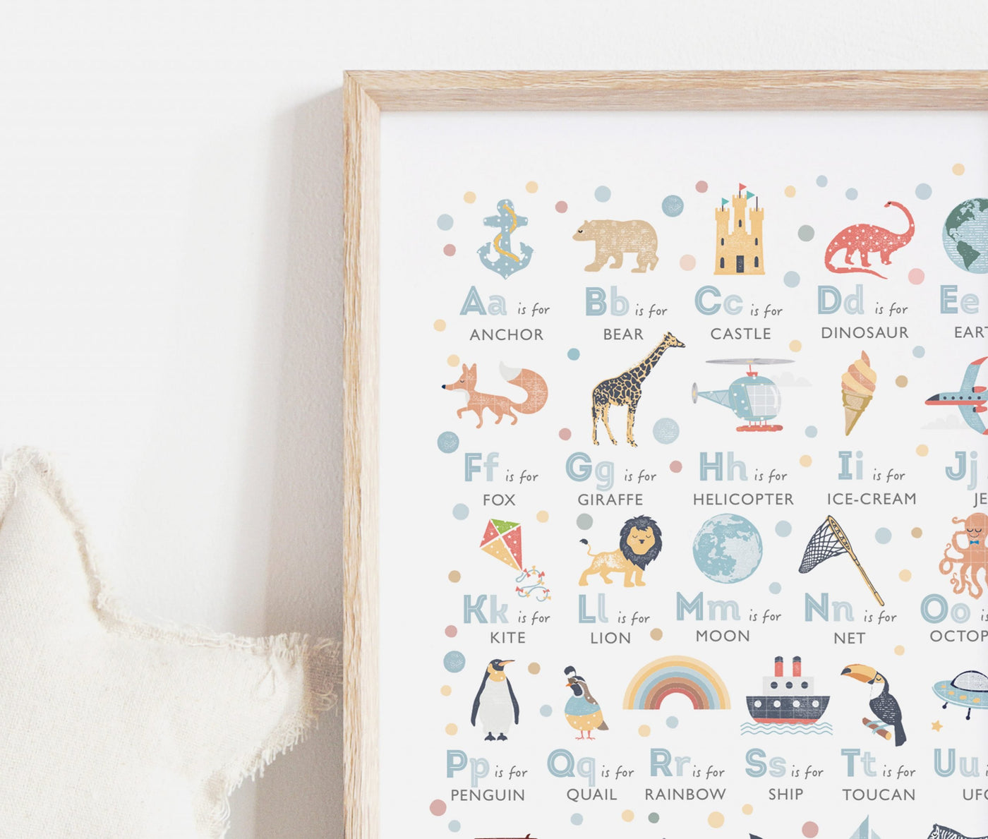 Close up crop of the Boys Alphabet Nursery Print in an oak frame next to a cream fabric star