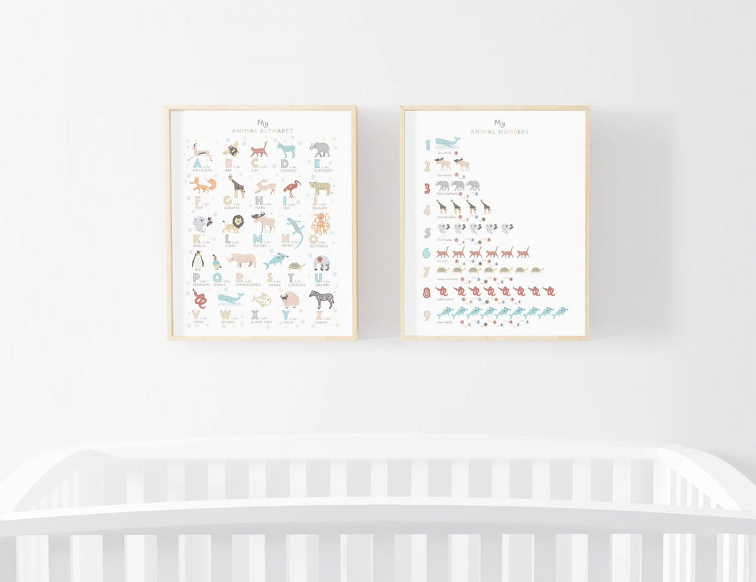 Animal Alphabet and Numbers Nursery Prints Set - PaperPaintPixels