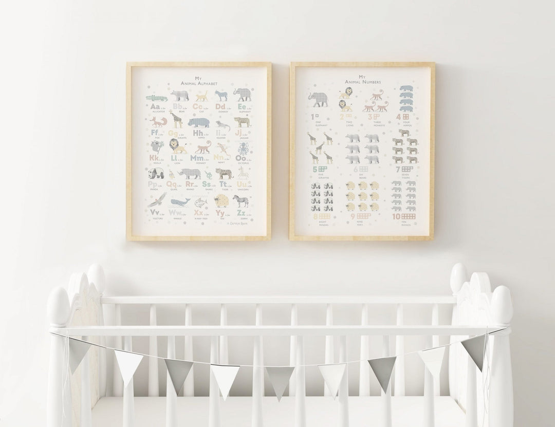 Animal Alphabet & Numbers Print Set in Grey Tones - PaperPaintPixels