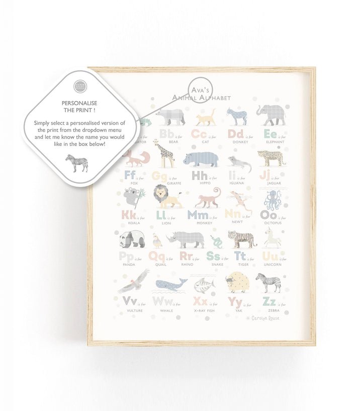 Animal Alphabet & Numbers Print Set in Grey Tones - PaperPaintPixels