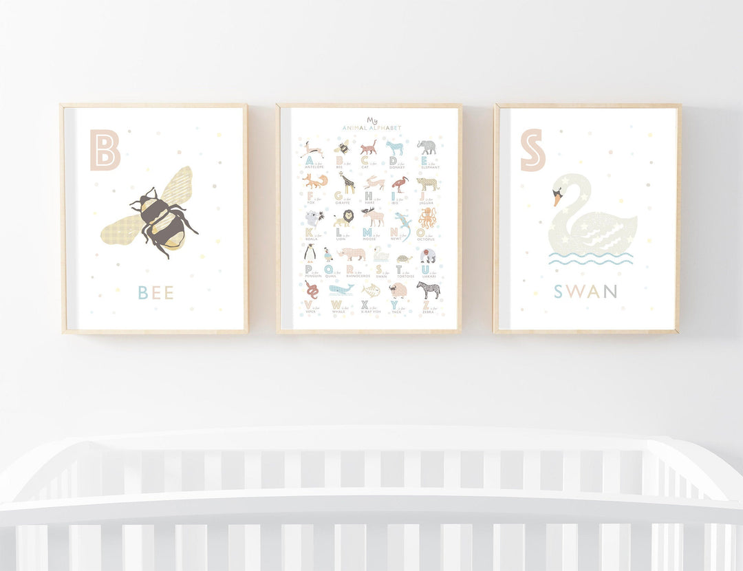 Animal Alphabet Nursery Prints, Set of 3 - PaperPaintPixels