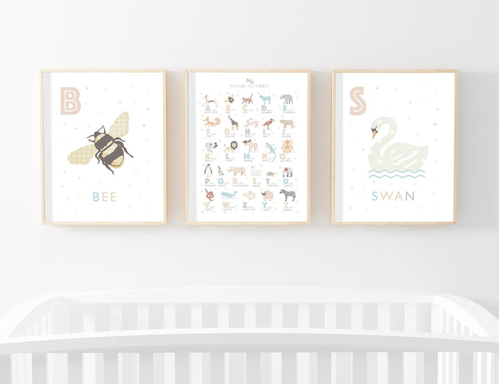 Animal Alphabet Nursery Prints, Set of 3 - PaperPaintPixels