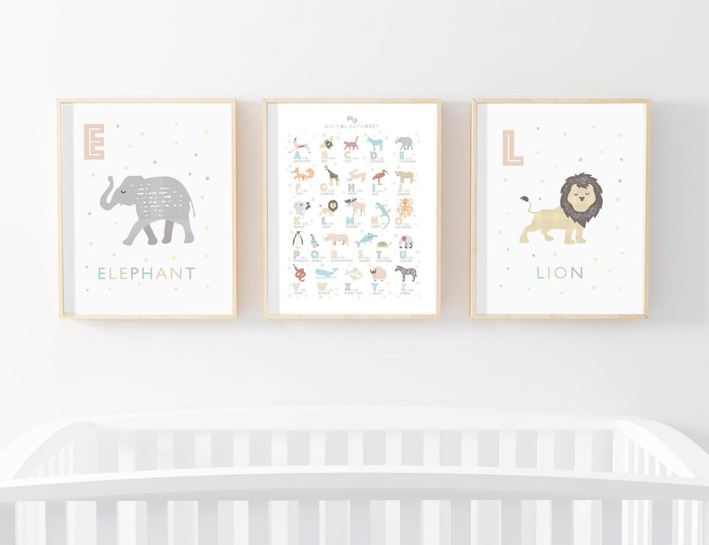 Animal Alphabet Nursery Prints, Set of 3 - PaperPaintPixels