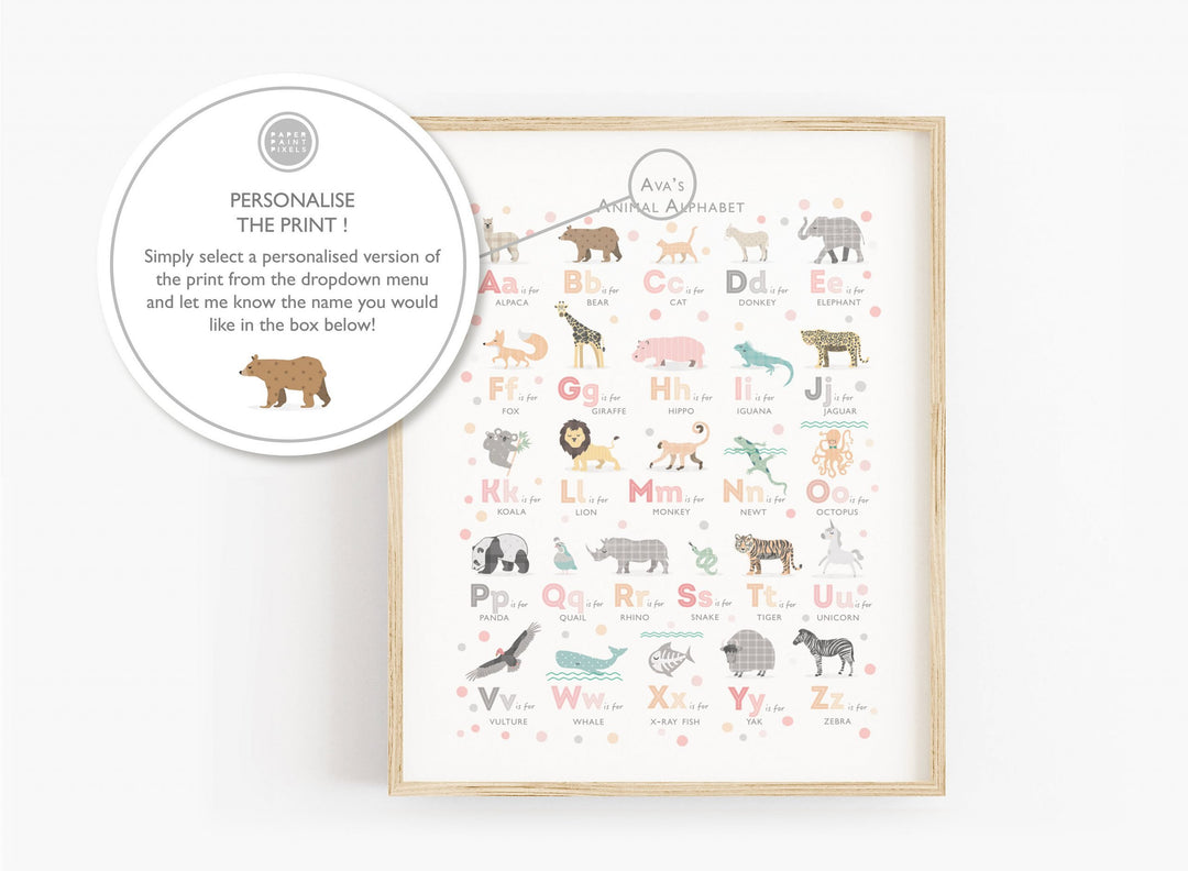 Peach Animal Alphabet Print Set of Two Prints - PaperPaintPixels
